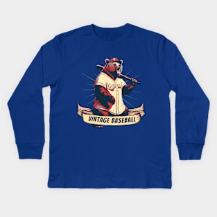 Vintage Baseball Grizzly Bear Baseball Player Kids Long Sleeve T-Shirt